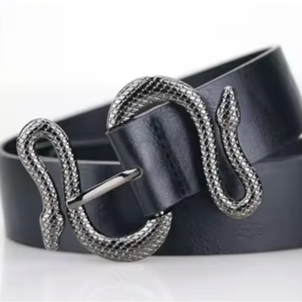 New! Black Leather Belt with Snake Buckle
